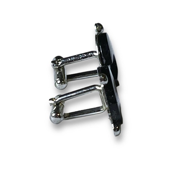 Vintage Cufflinks Men’s Silver Tone Black Glass Art Deco Unsigned - Picture 5 of 6